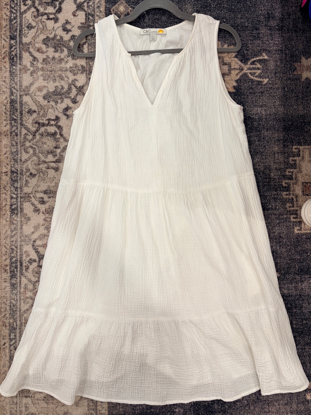 C&C California White Gauze Tiered Mini Dress Size Large Boho Coastal Cottage